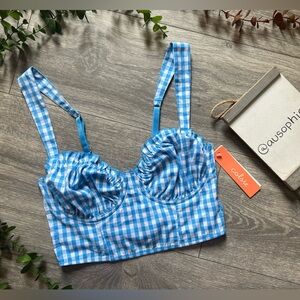 Colsie Milkmaid Blue Gingham Longline Bralette Cropped Tank Top. Size XS. NWT!